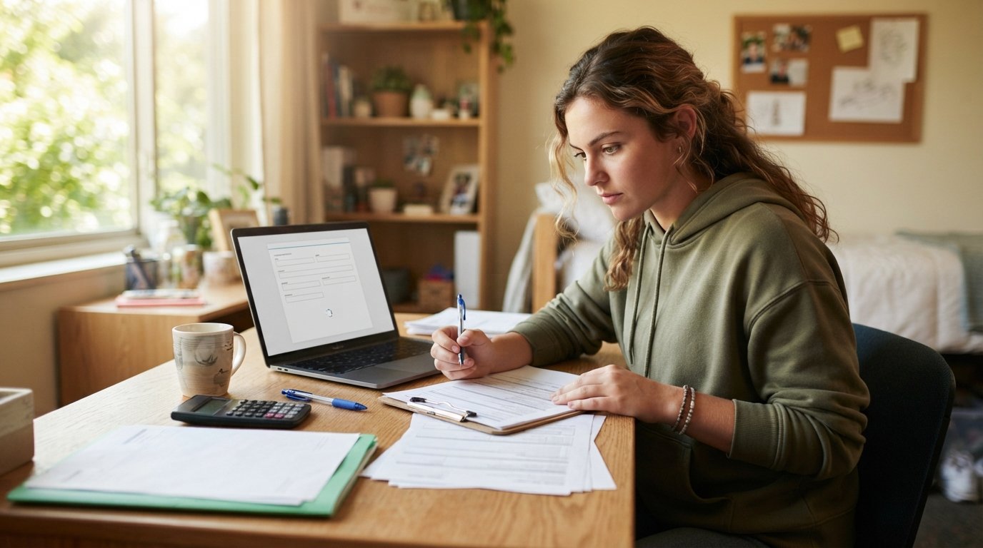 Focused college student at a sunlit dorm desk reviewing financial aid papers beside a laptop, pen, calculator, folder, and…