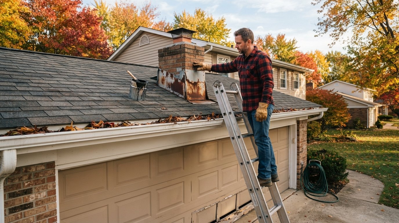 Homeowner on a ladder checking asphalt shingles and chimney flashing beside a leaf-filled gutter, with a garage door and…
