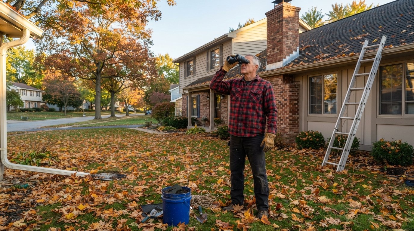 Homeowner in flannel and work gloves using binoculars to inspect roof shingles and chimney flashing, with a ladder against…