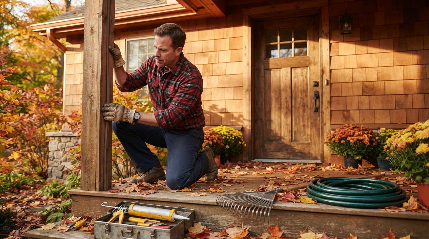 Person in plaid flannel shirt and work gloves applying weatherstripping around a wooden front door frame, with autumn…