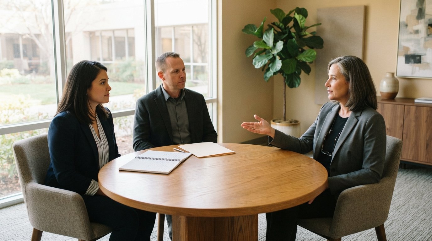 Two adults sit across a round wooden table with a notebook and document folder while a mediator in a gray blazer gestures…