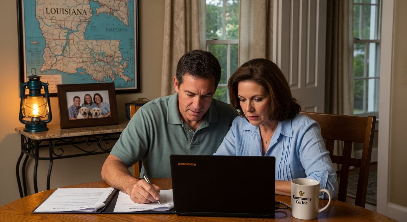 Couple sitting at wooden table reviewing health insurance paperwork on laptop, Louisiana map on wall, coffee mug, family…