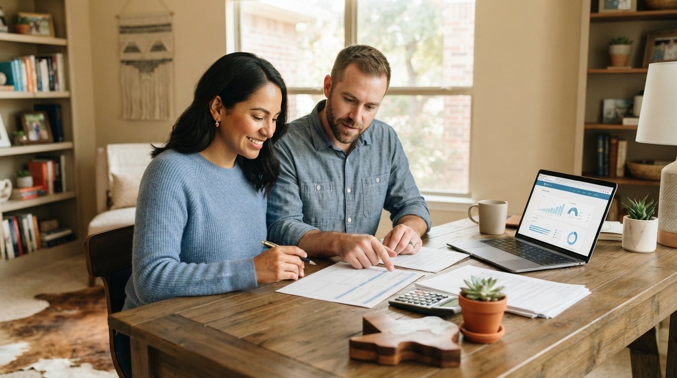 Couple in a Texas home office reviewing a health insurance comparison chart on a laptop and printed documents