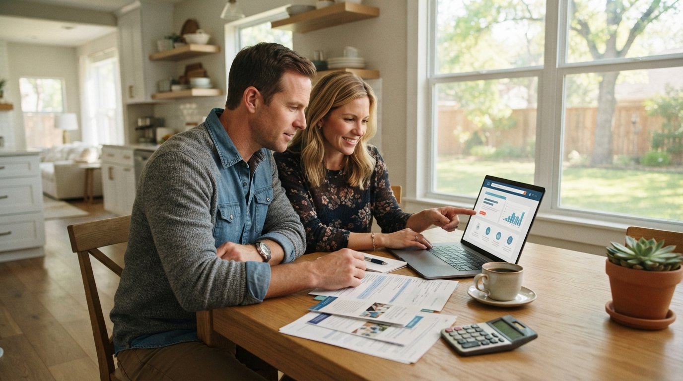 Parents in a Texas home reviewing health insurance plans on a laptop at a kitchen table with documents and a calculator