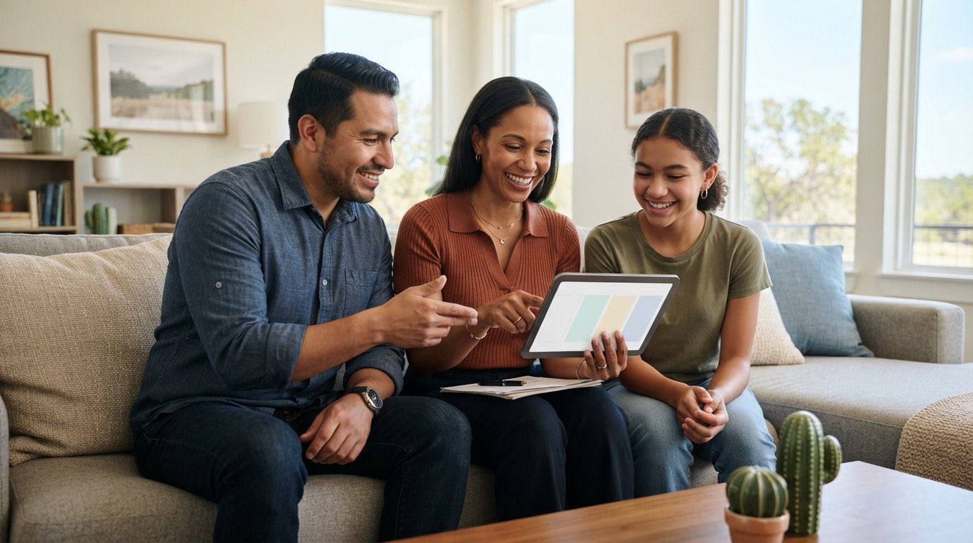 Two parents and a teenager smiling on a sofa while looking at a tablet with a health insurance comparison chart in a bright…