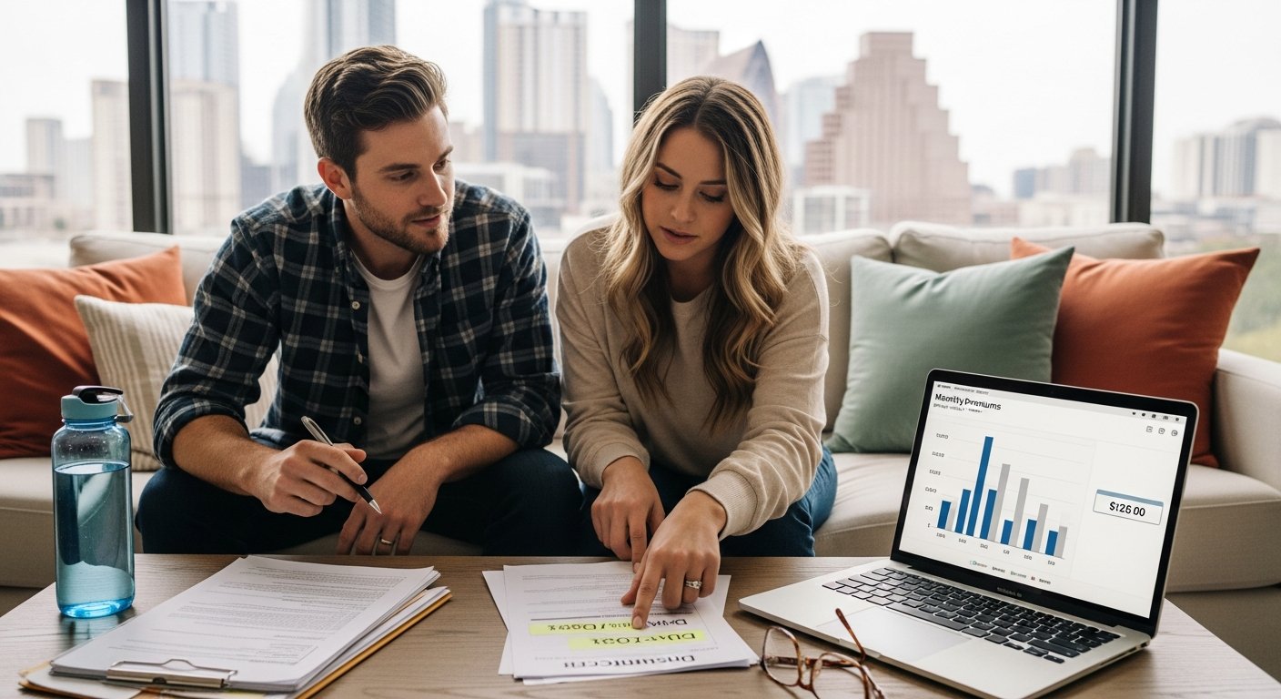 Married couple on a beige sofa in a bright Texas living room, reviewing health insurance comparison documents and a laptop…