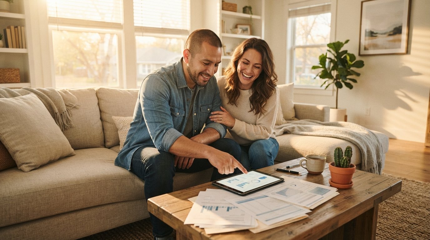 Parents sitting on a sofa in a bright living room, reviewing health insurance documents on a tablet and papers