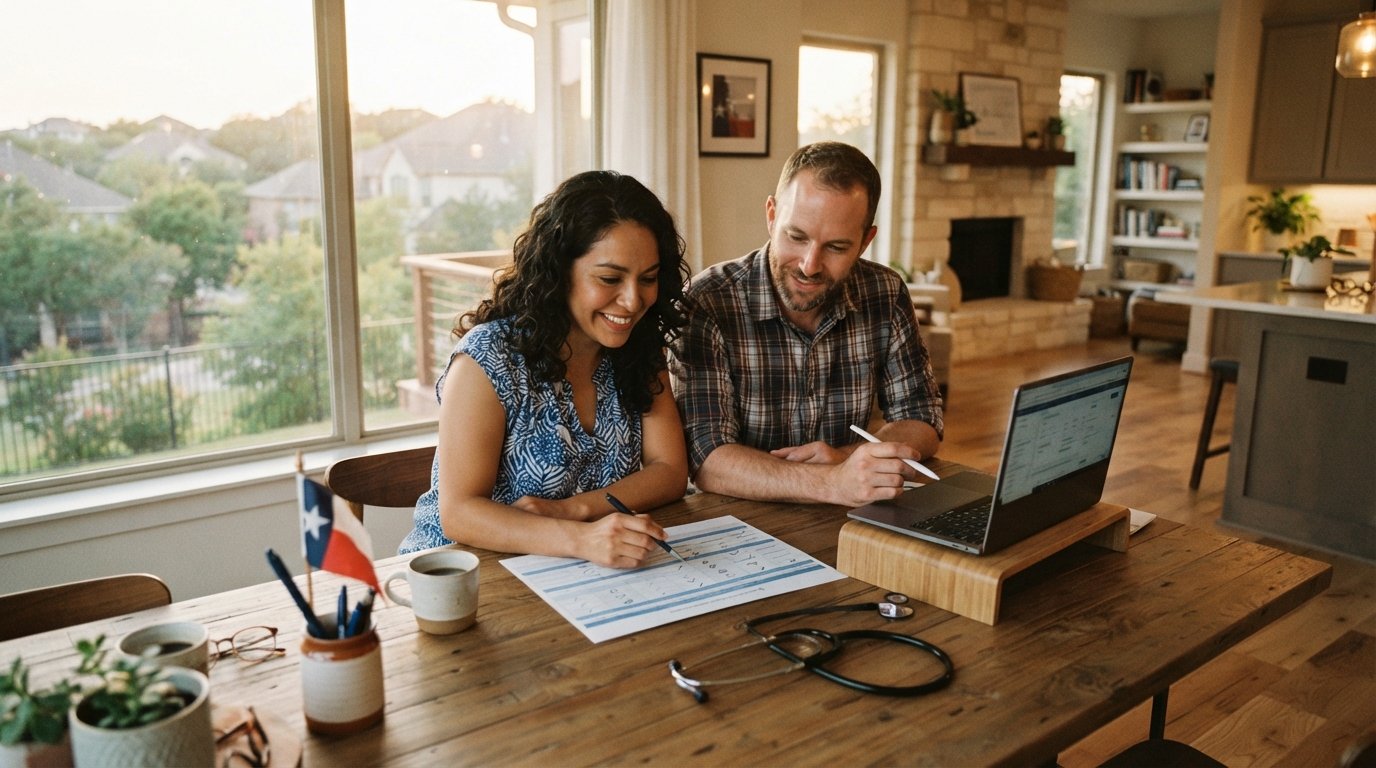 Couple in a sunlit Texas kitchen reviewing a printed health insurance comparison chart on a table with a laptop and…