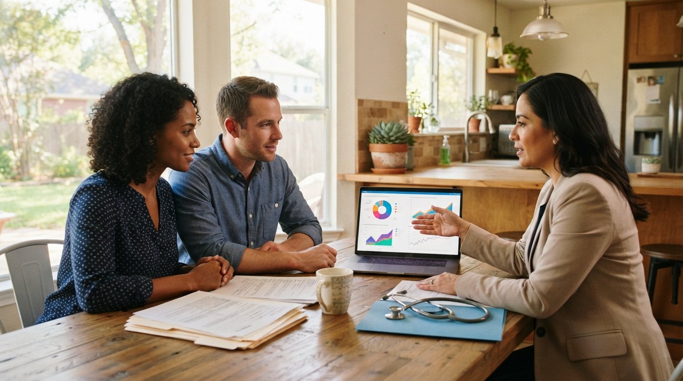Couple reviews health insurance plans on a laptop with a broker in a sunlit Texas kitchen