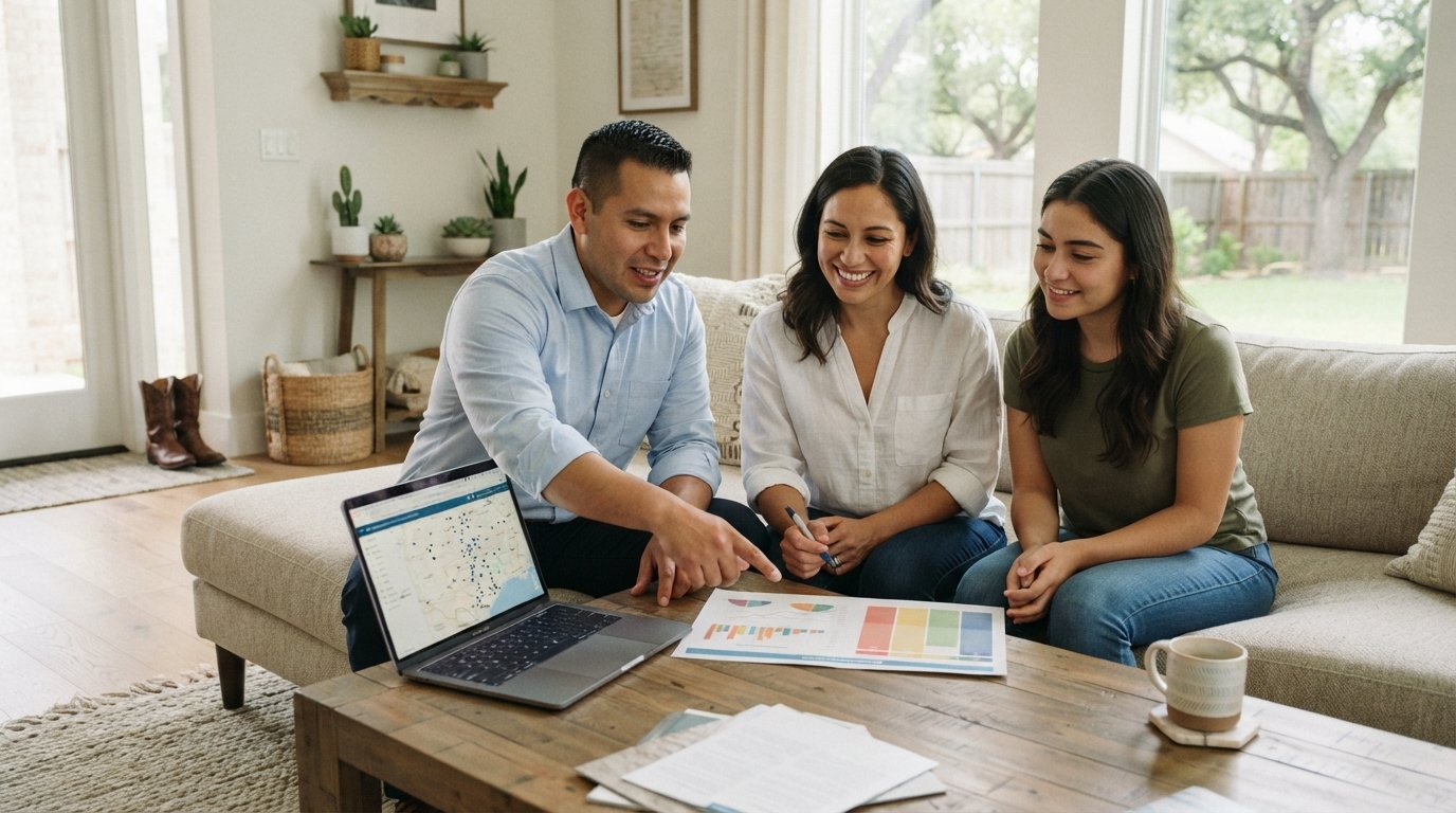 Parents and a young adult sit on a beige sofa, reviewing a health insurance comparison chart and a laptop showing a…