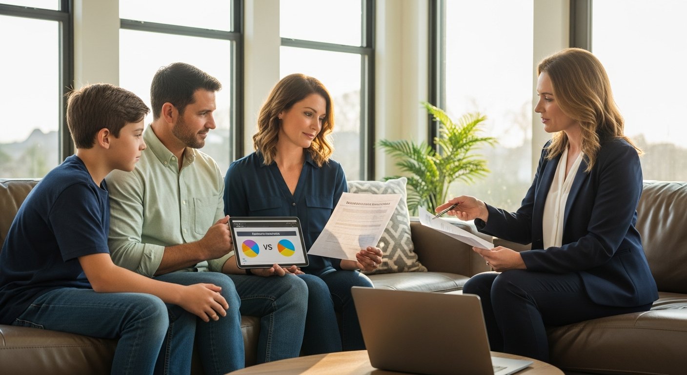 Texas family on a couch reviews insurance plan documents and a tablet chart while a female broker with a laptop discusses…