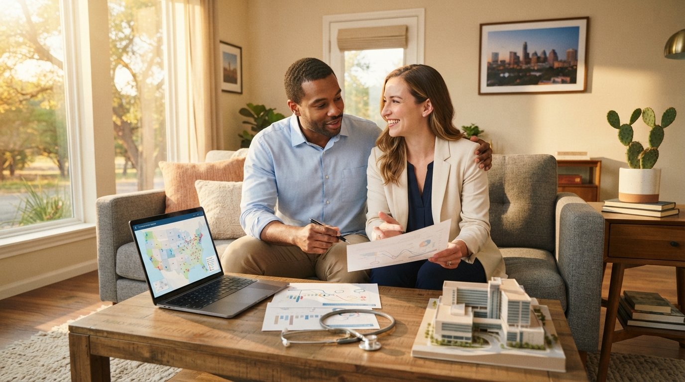 Couple in a bright Texas living room compares health plan charts on a laptop and printed documents, with a stethoscope on…