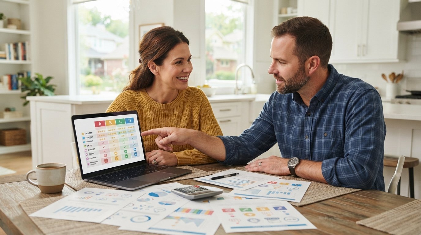 Texas couple in their late 30s comparing 2026 family private health insurance plans on a laptop at a kitchen table, with…