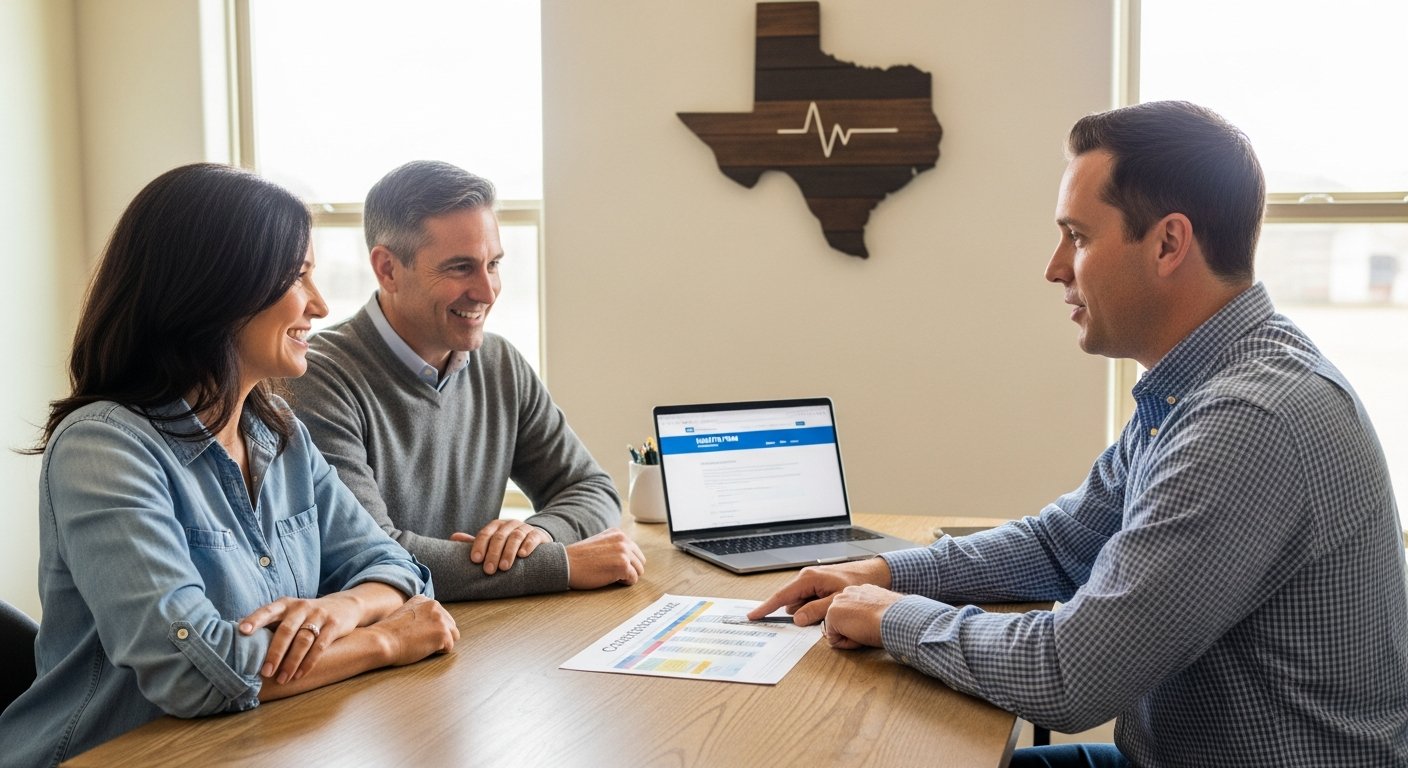 Smiling couple in a bright Texas home office reviewing a printed coverage chart with their insurance broker