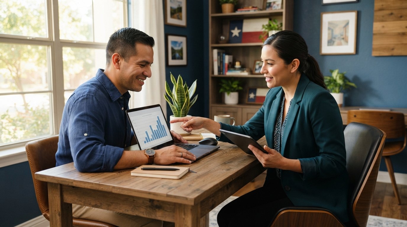 Hispanic father and female insurance agent review family health plan options on a laptop in a bright Texas home office