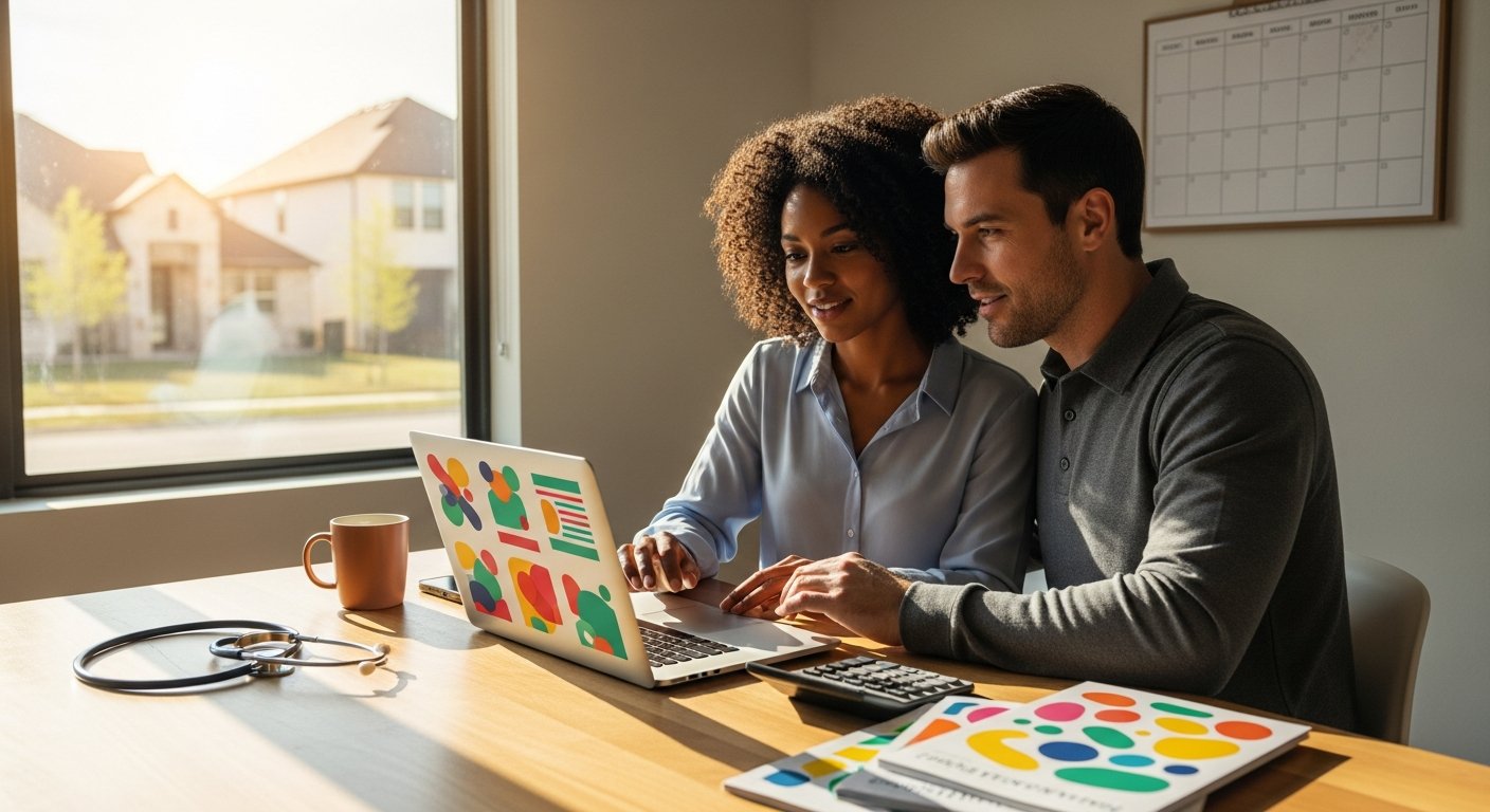 Couple in a Texas home office reviewing family health insurance documents on a laptop with brochures and a calculator on…