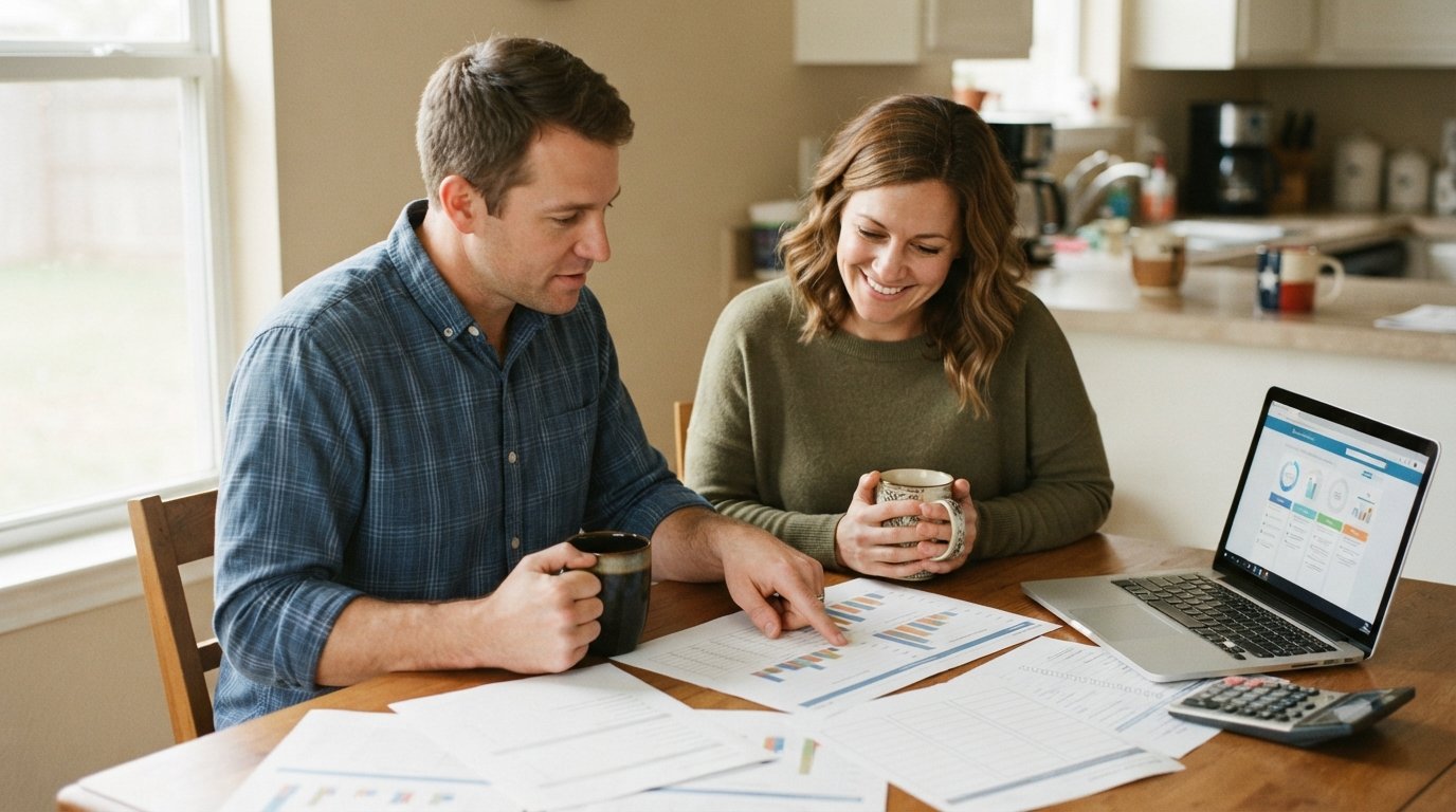 Couple in their late 30s reviewing insurance comparison papers and a laptop at a bright kitchen table, with a calculator…
