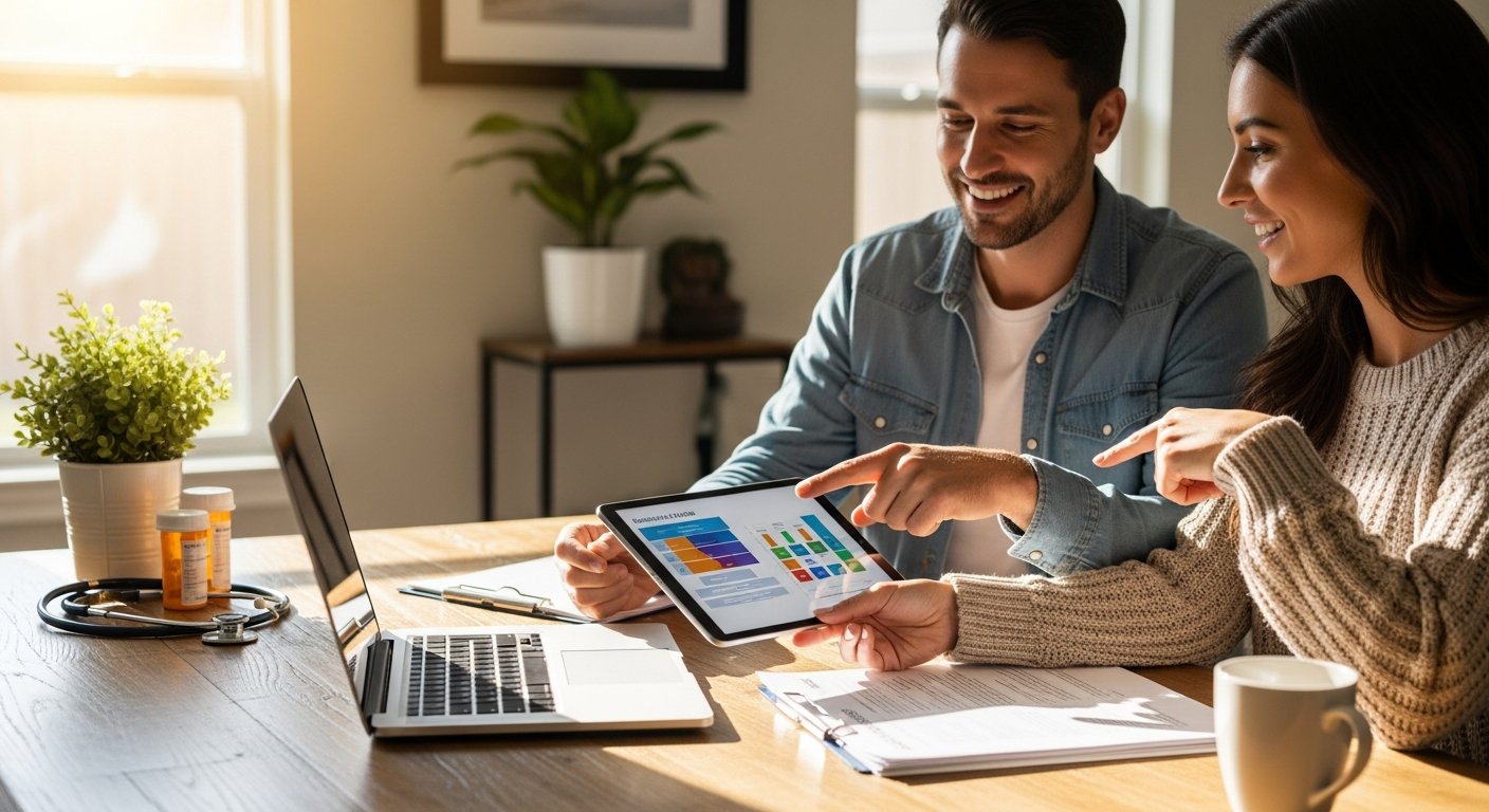 Parents in a bright Texas kitchen smiling and pointing at a tablet showing a health insurance comparison chart, with a…