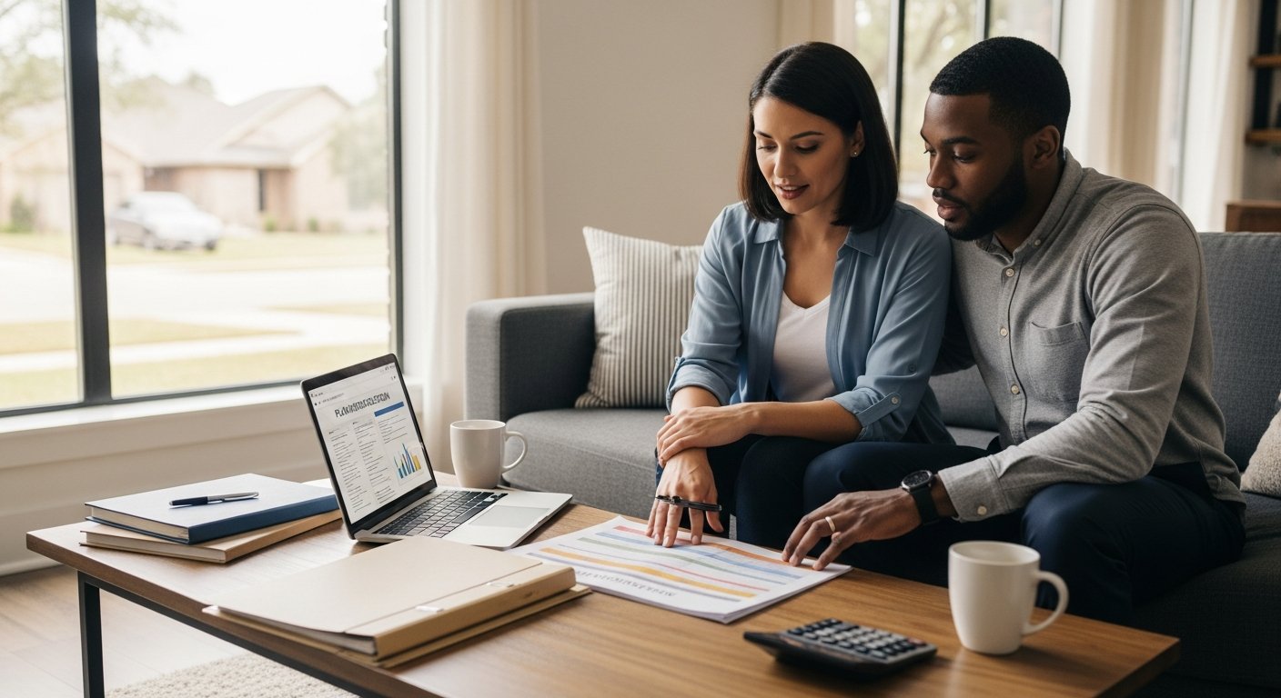 Married couple in a bright Texas living room reviewing a printed insurance comparison chart and a laptop with a…