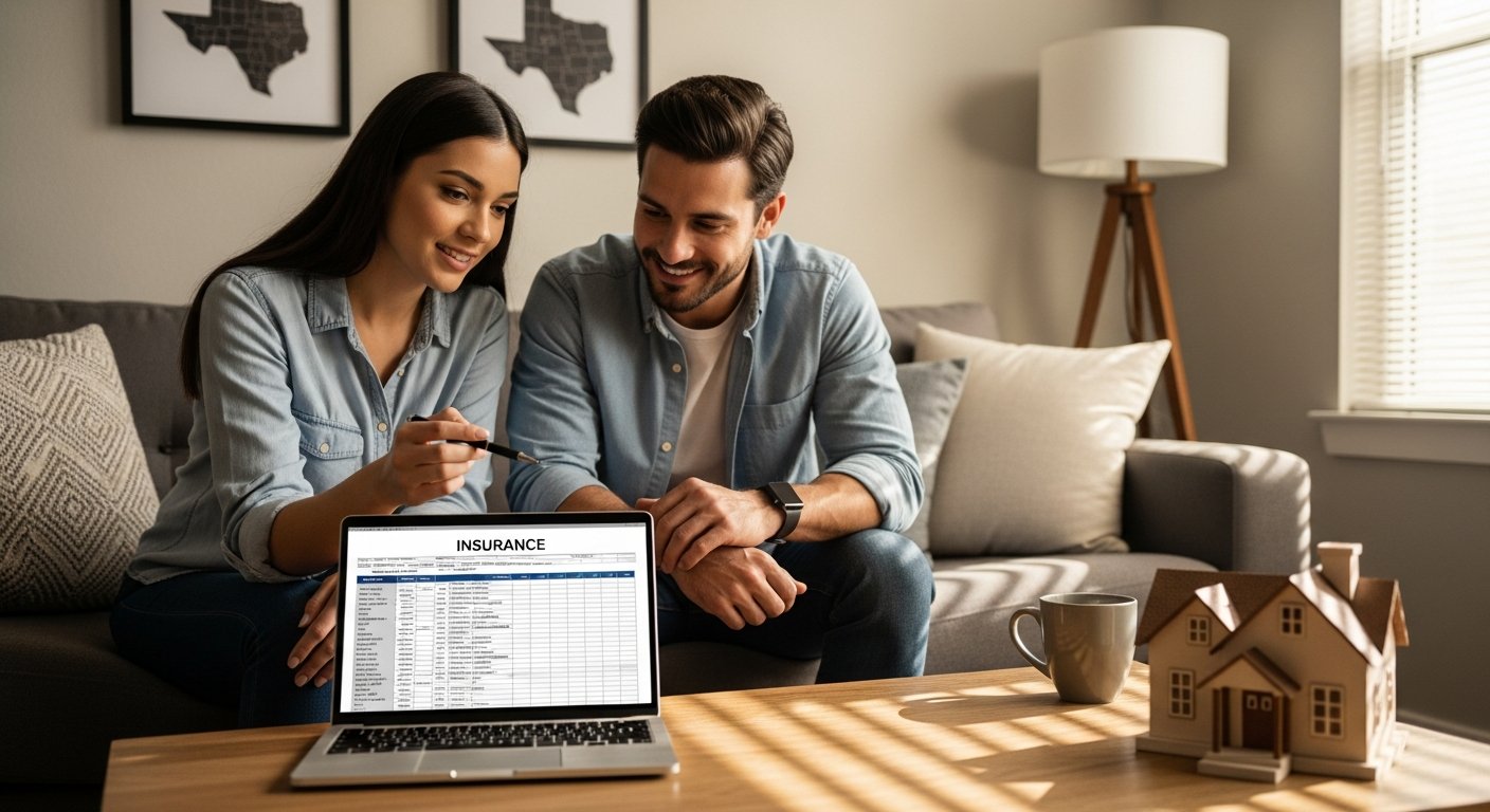 Smiling couple in their 30s reviewing health insurance documents on a laptop while sitting on a sofa, with a Texas map…