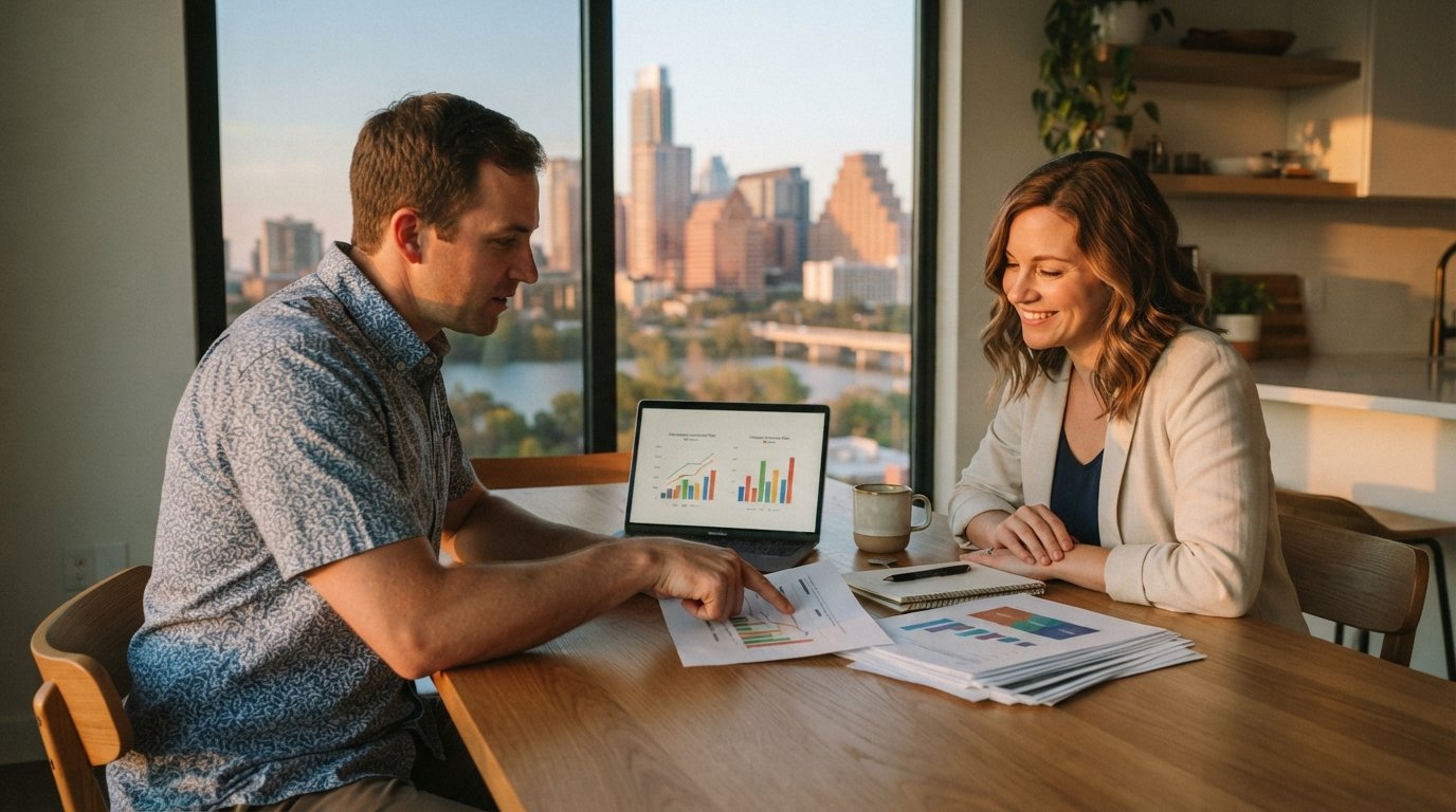 Parents in a bright Texas kitchen reviewing health insurance comparison charts on a laptop and printed sheets