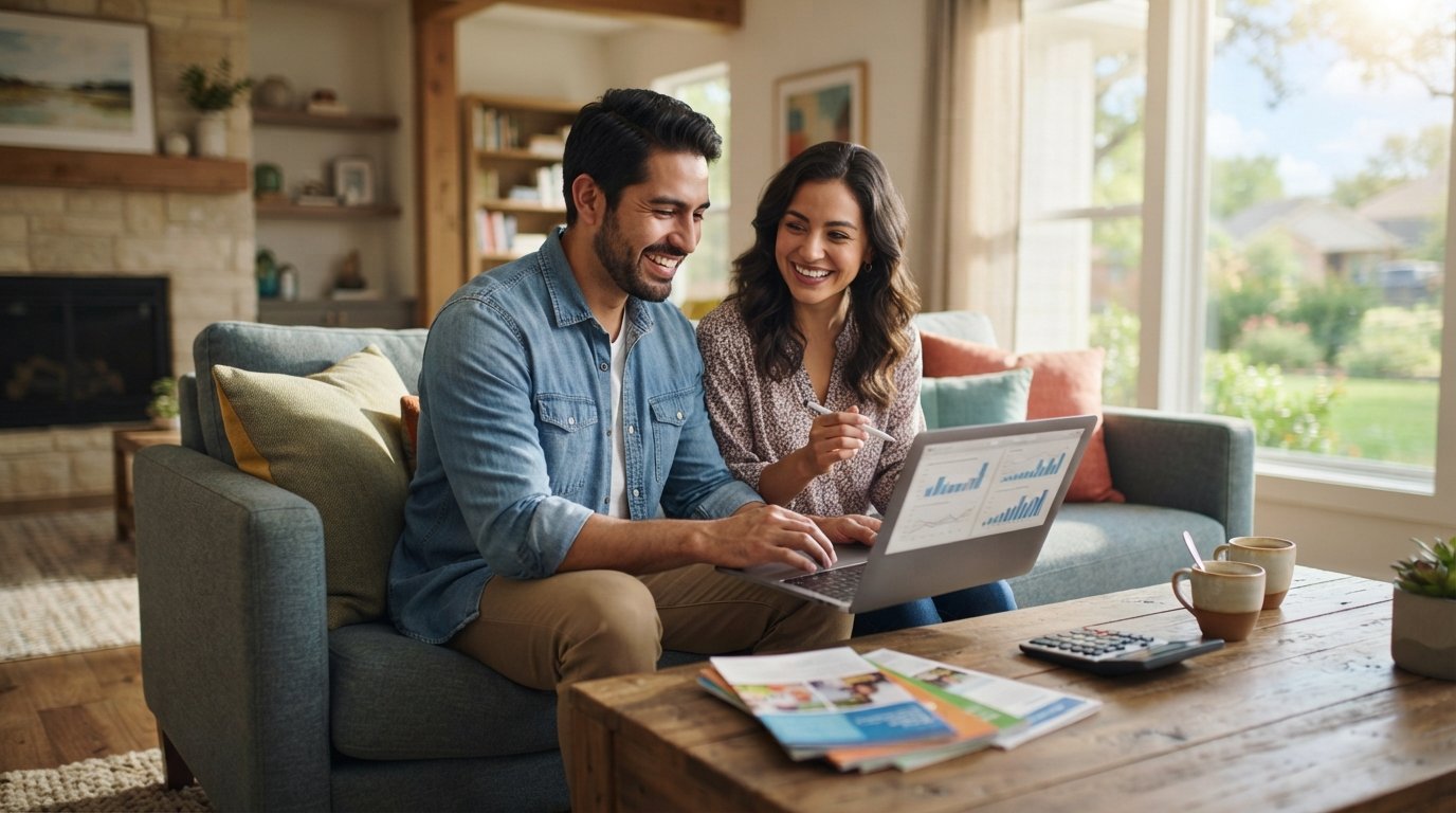 Hispanic couple in a Texas living room reviewing health insurance options on a laptop with brochures and coffee on a table