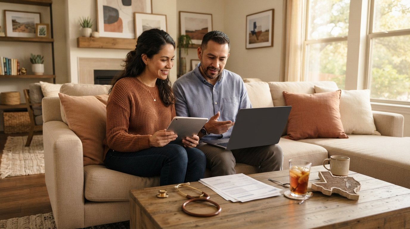 Hispanic parents sitting on a sofa in a bright living room, reviewing health insurance documents on a tablet and laptop…