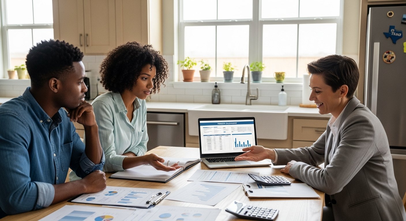 Texas couple at a kitchen table reviewing a printed health insurance plan summary with an advisor, laptop showing a…