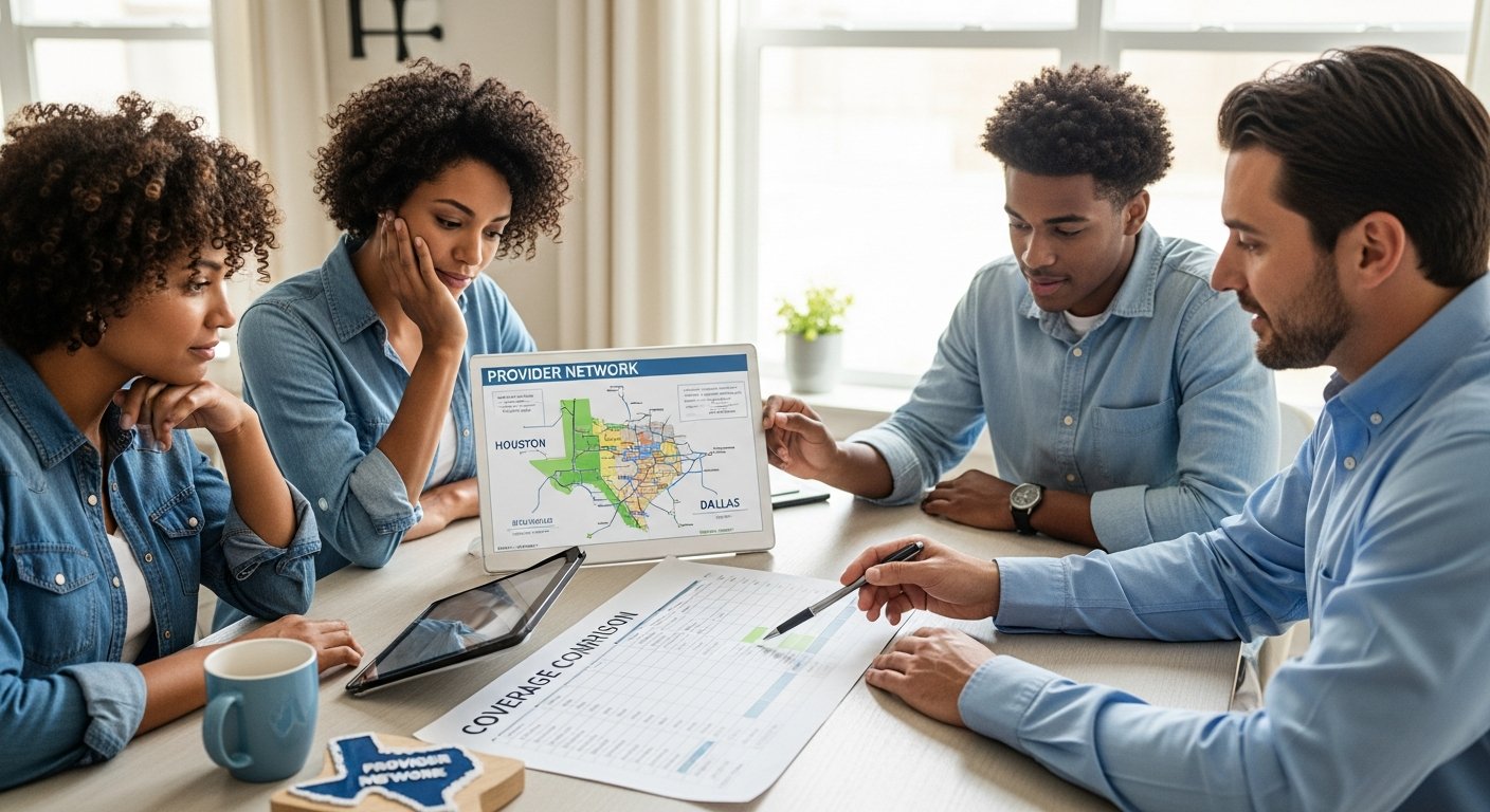 Texas family of four with an insurance advisor at a kitchen table, reviewing a coverage comparison chart and tablet showing…