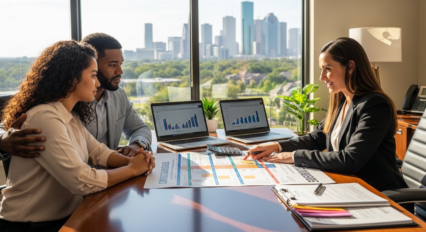 Couple in a Texas home office reviewing a printed coverage comparison chart with an insurance broker