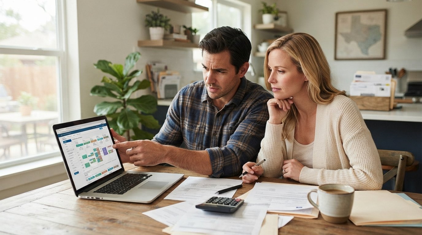 Parents at a kitchen table reviewing health insurance options on a laptop with financial documents and a calculator nearby