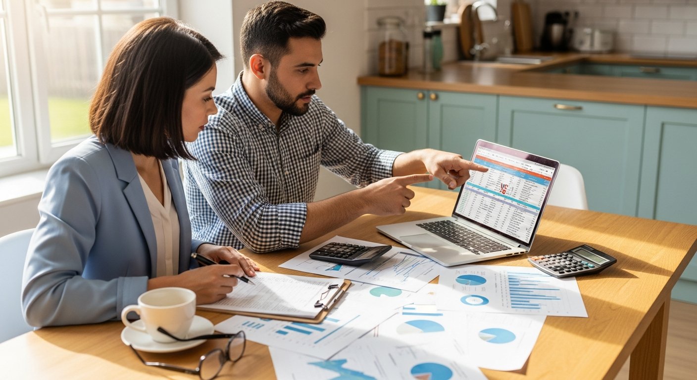Parents in their late 30s seated at a sunlit kitchen table, reviewing printed health insurance comparison charts and a…