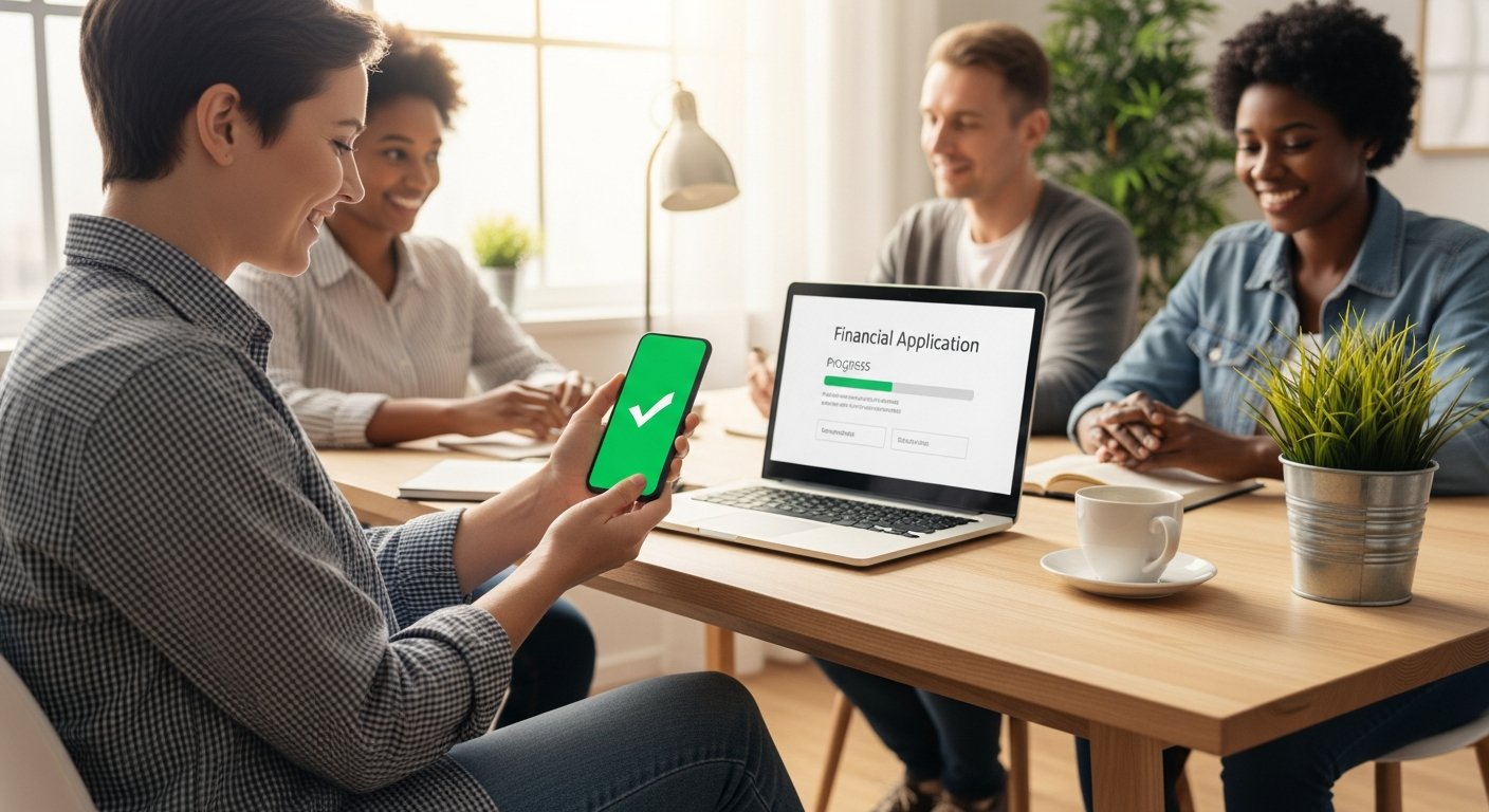Smiling man holding smartphone with green approval checkmark beside laptop showing loan application progress bar