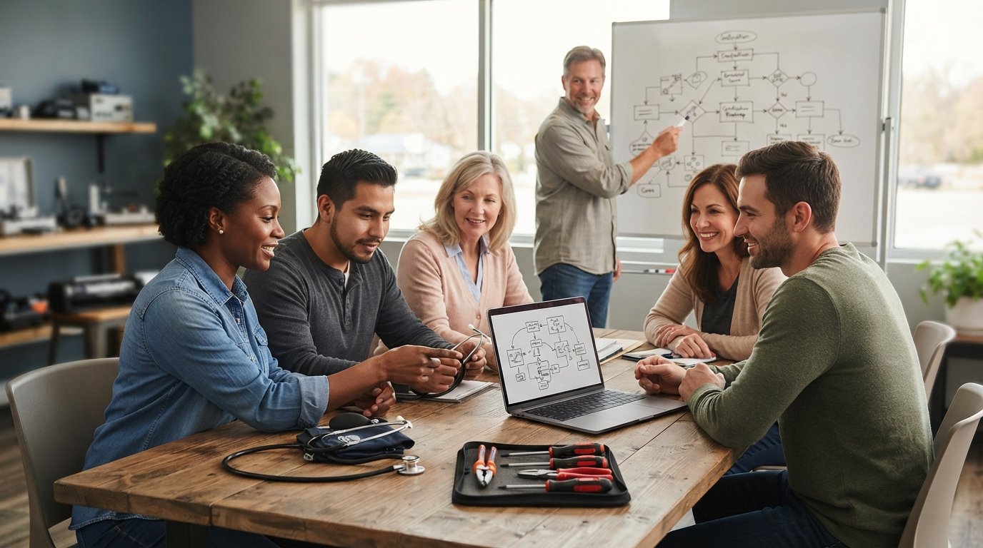 Diverse adults at a classroom table with a laptop, stethoscope, and tool kit as an instructor points to a certification…
