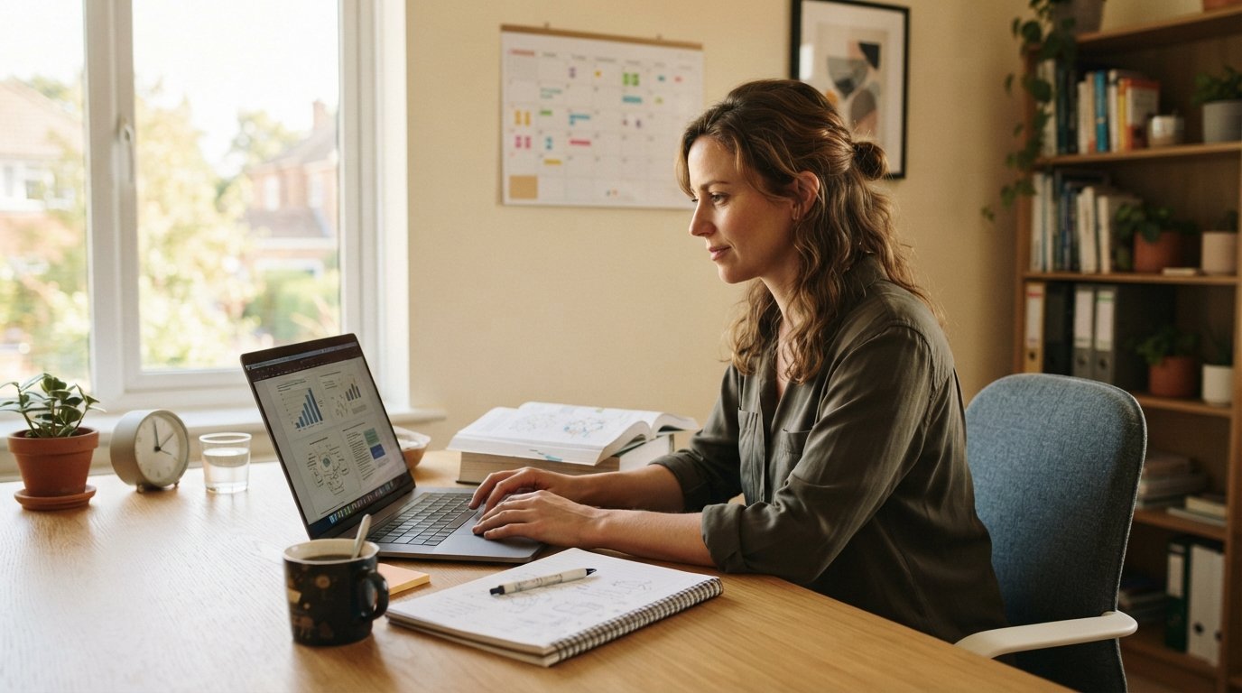 Adult learner in a button-down shirt studies at a home desk with a laptop, textbooks, coffee mug, and notebook, with a…