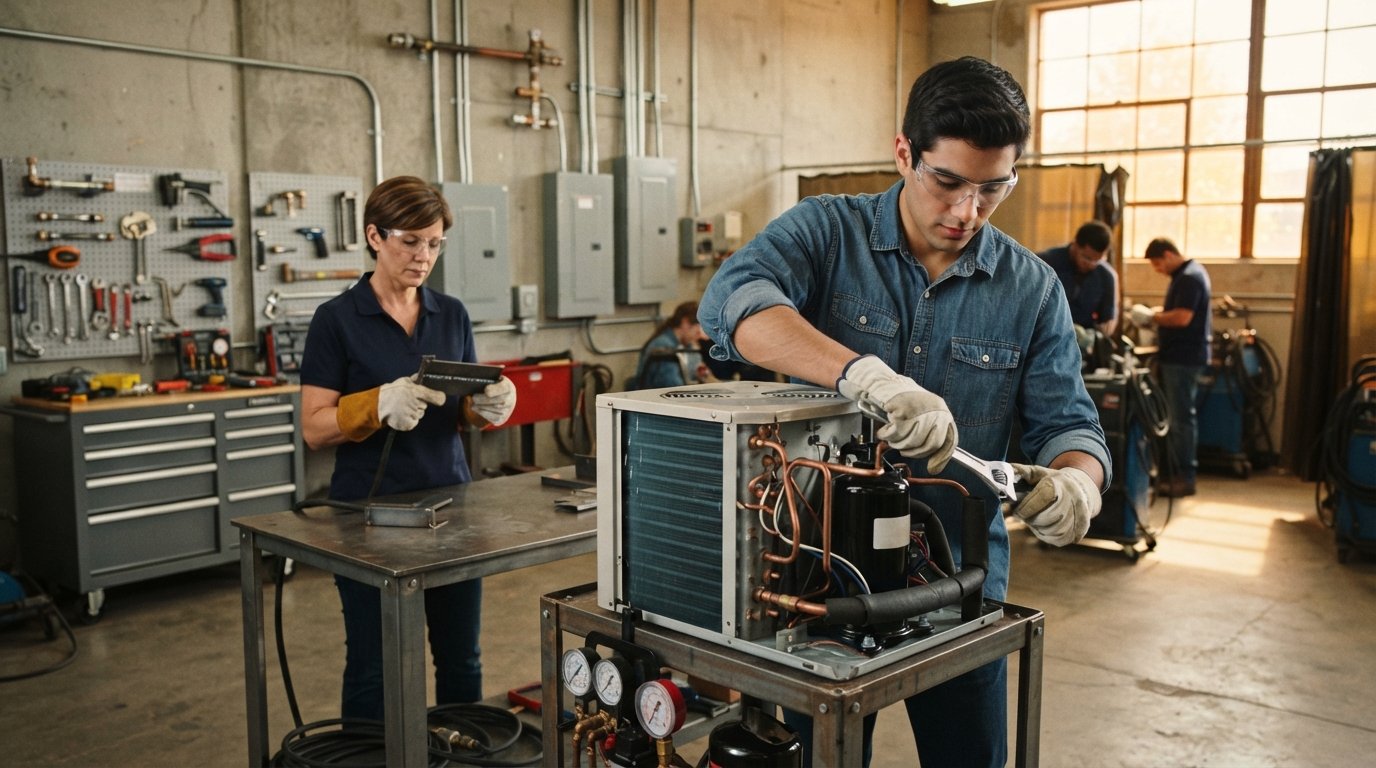 Young adult in safety glasses using a wrench on an HVAC unit while a woman examines a welding piece in a bright training…