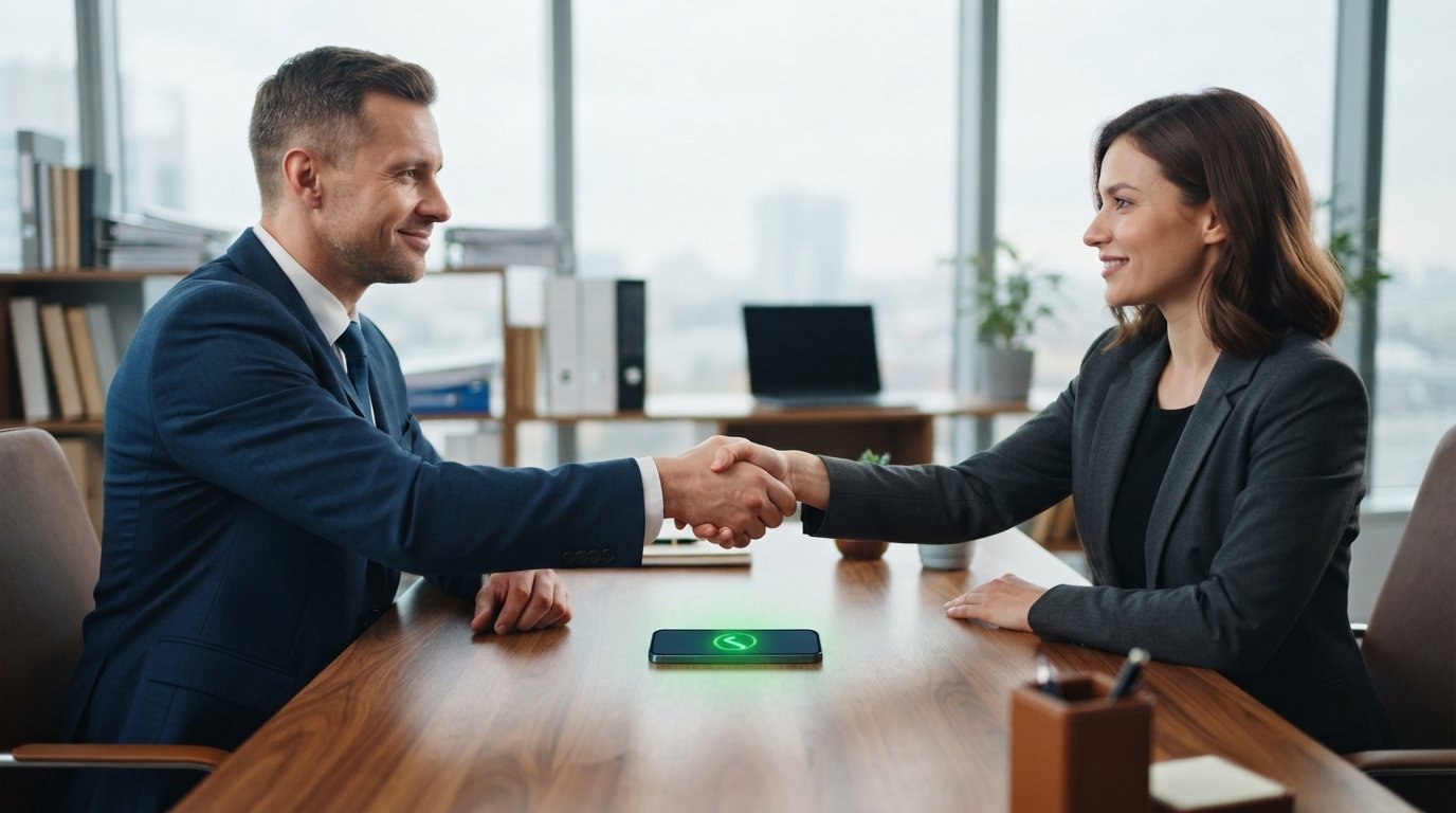 Businessman and businesswoman shaking hands across a desk with a smartphone showing a green checkmark between them