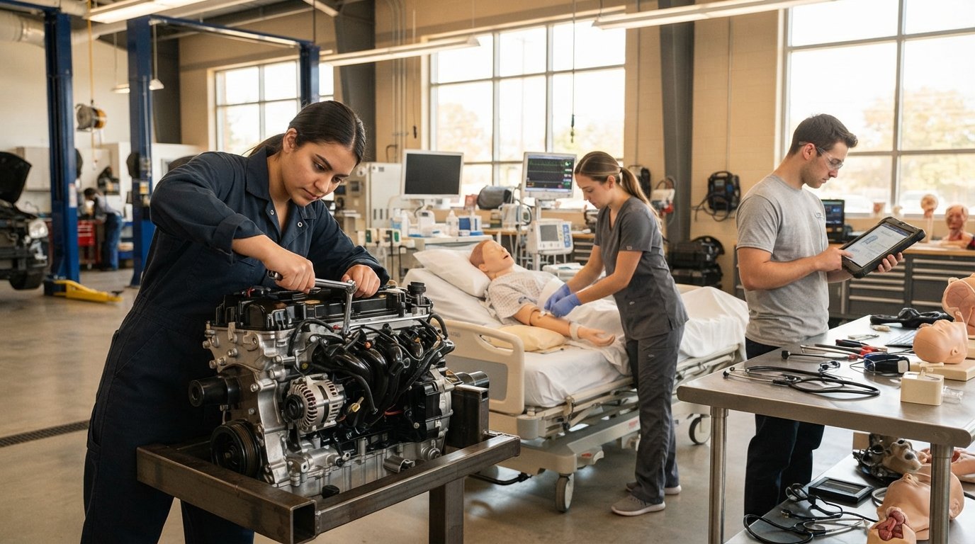 Student in navy coveralls working on an engine while another practices on a medical mannequin in a bright lab