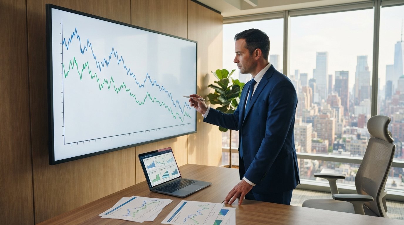 Financial analyst in a navy suit studying a downward-trending line graph of bond yields and mortgage rates on a large wall…