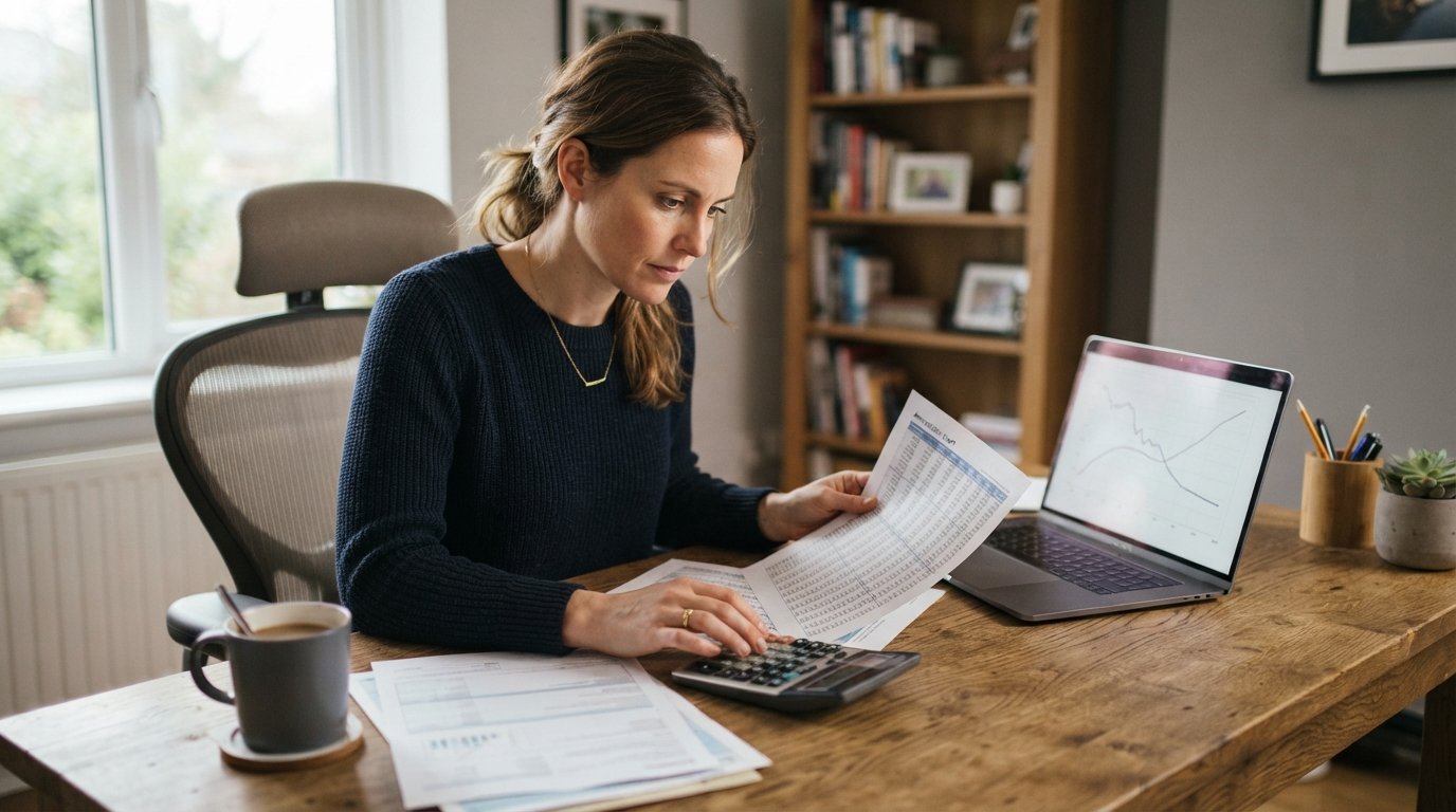 Homeowner in navy sweater reviews a printed amortization chart and calculator at a wooden desk, laptop showing a Treasury…
