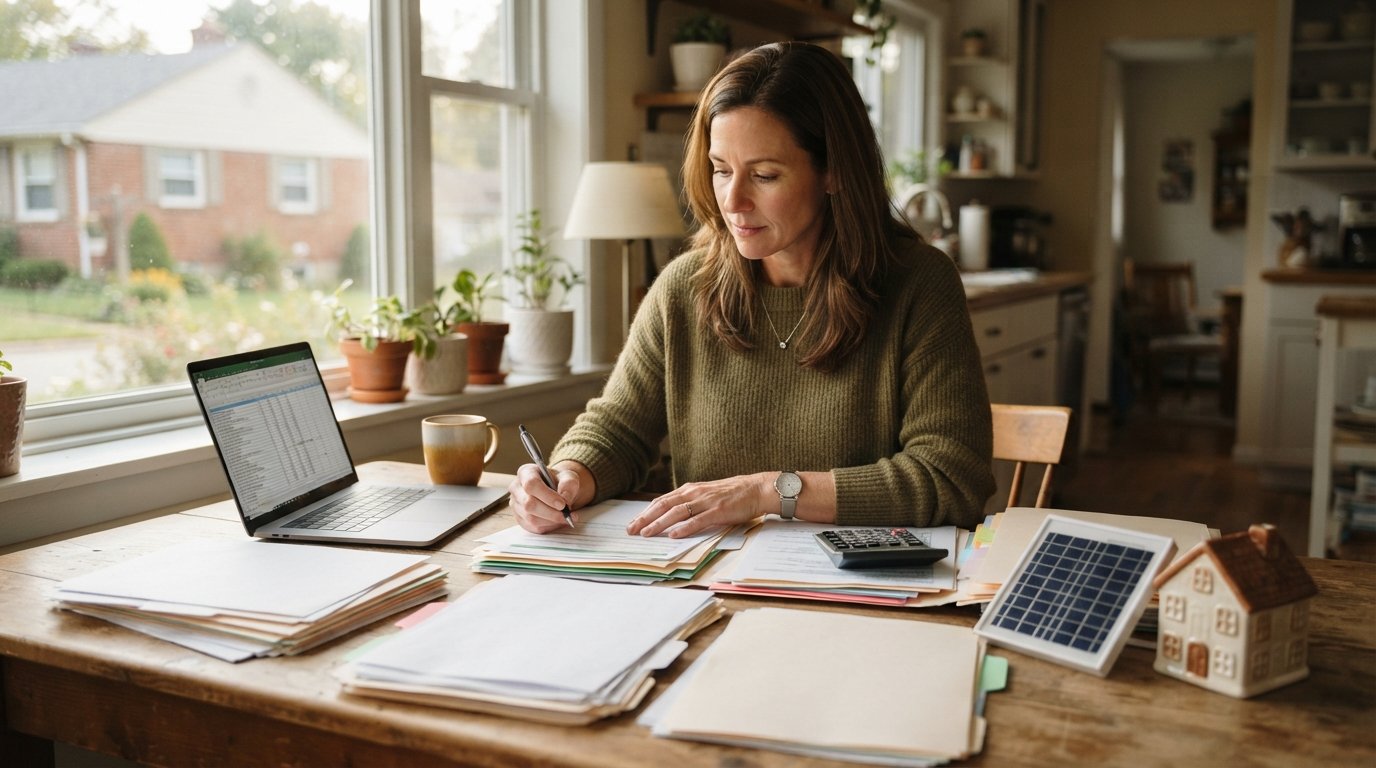 Homeowner at a kitchen table sorting paperwork and folders beside a calculator, laptop, small solar panel model, and…