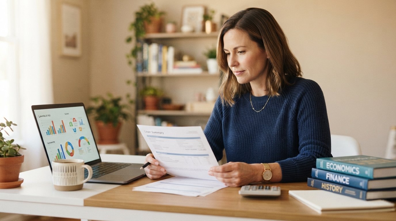 Adult student in a navy sweater reviews a printed loan summary beside a laptop showing financial aid charts at a sunlit…