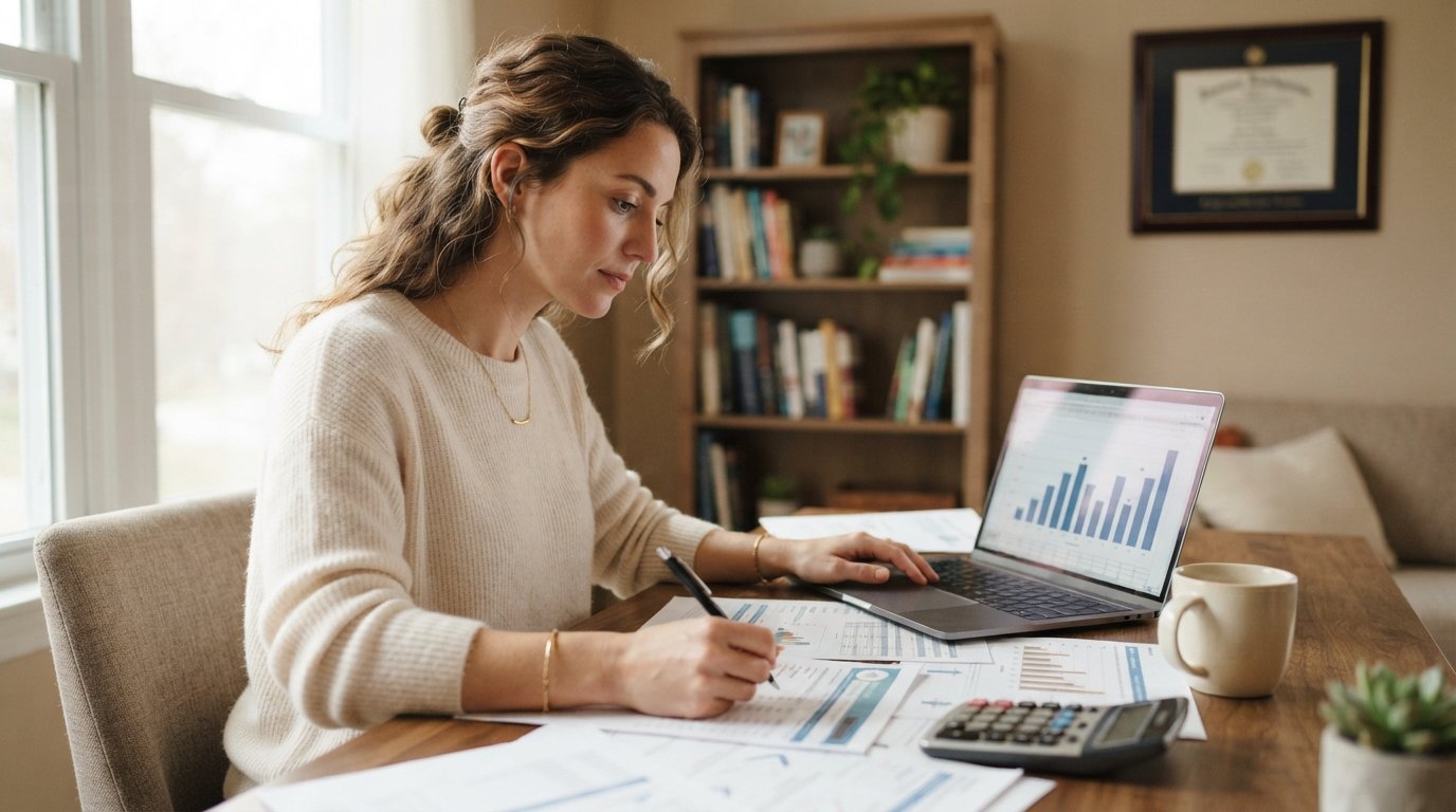 Graduate at a home desk with loan paperwork, a laptop showing a balance chart, calculator, and coffee mug, pen in hand