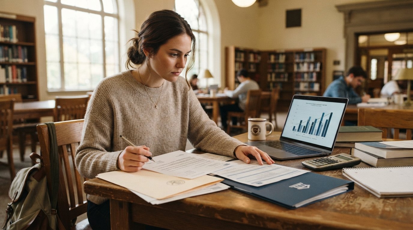 College student in a sweater compares two stacks of loan paperwork at a wooden desk, one with a government seal folder and…