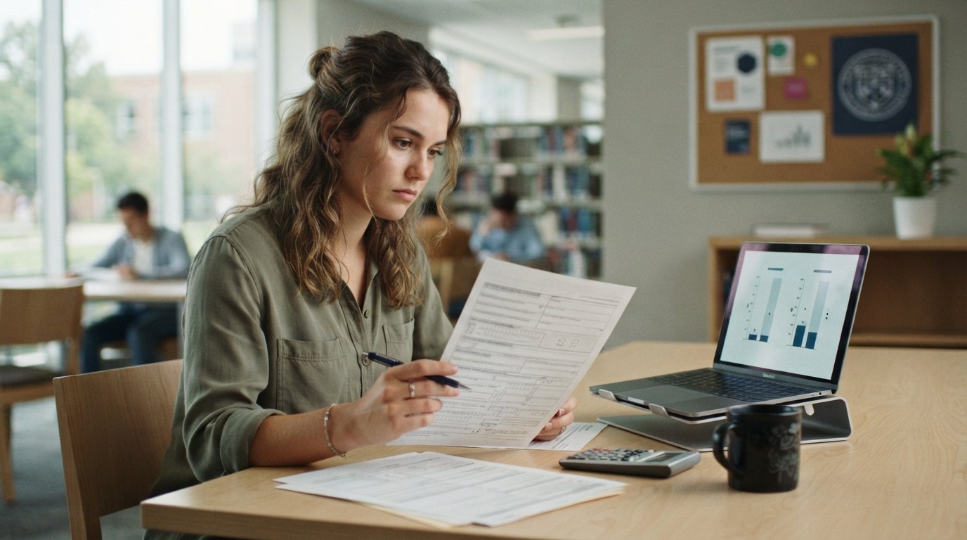 College student reviewing a federal student loan application while a laptop shows a comparison chart of federal and private…