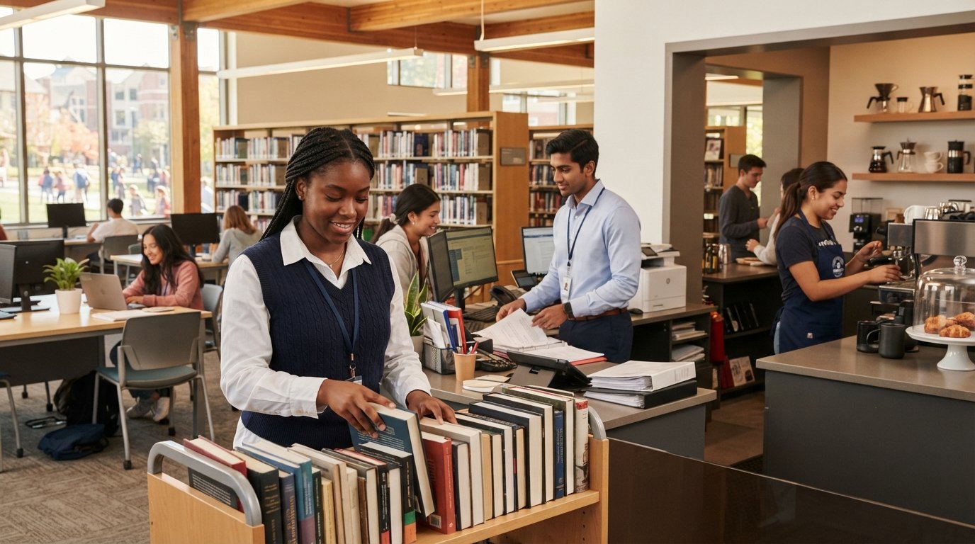 College students working campus jobs: one shelving books on a cart, another assisting at a front desk, and a third in a…