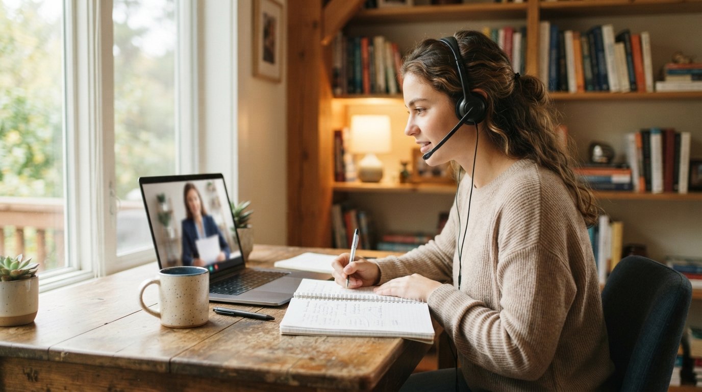 Student in a headset sits at a home desk with a laptop showing a financial aid advisor on a video call, beside a mug,…