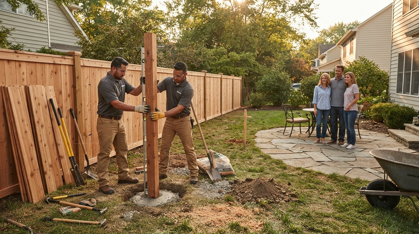 Two workers in safety glasses and gloves set a cedar post in a concrete-filled hole while a contractor with a clipboard…