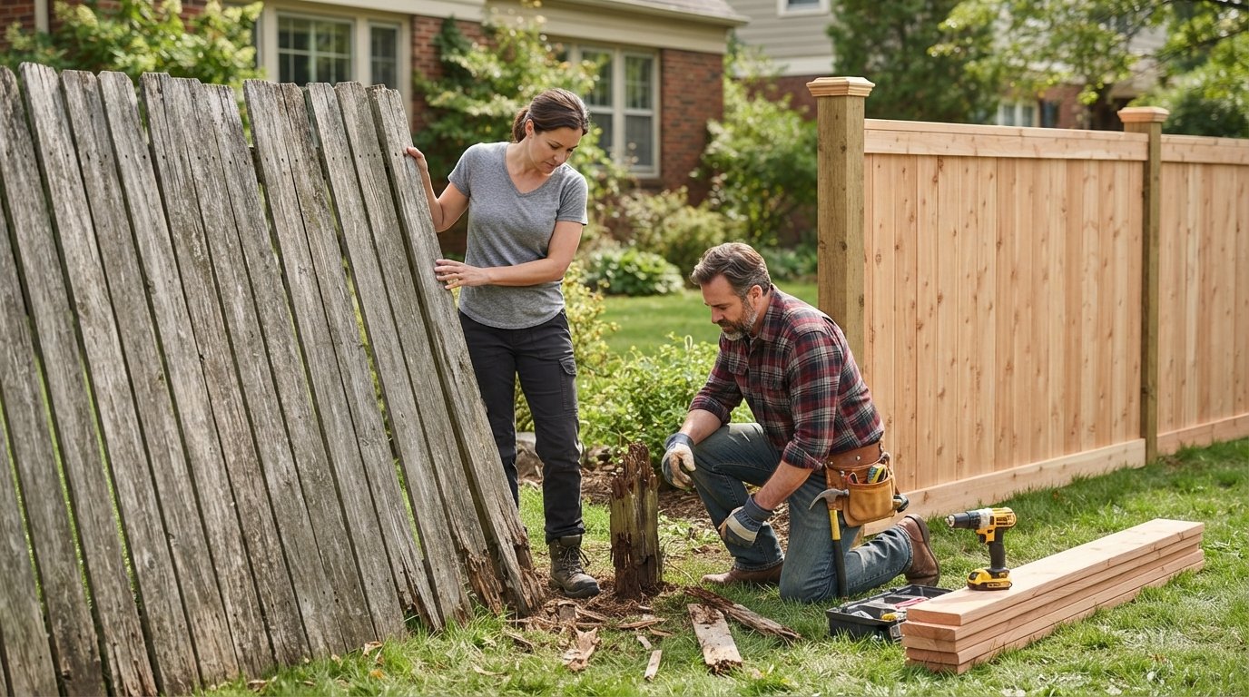 Homeowner and contractor inspect weathered wooden fence beside new cedar planks and post in backyard