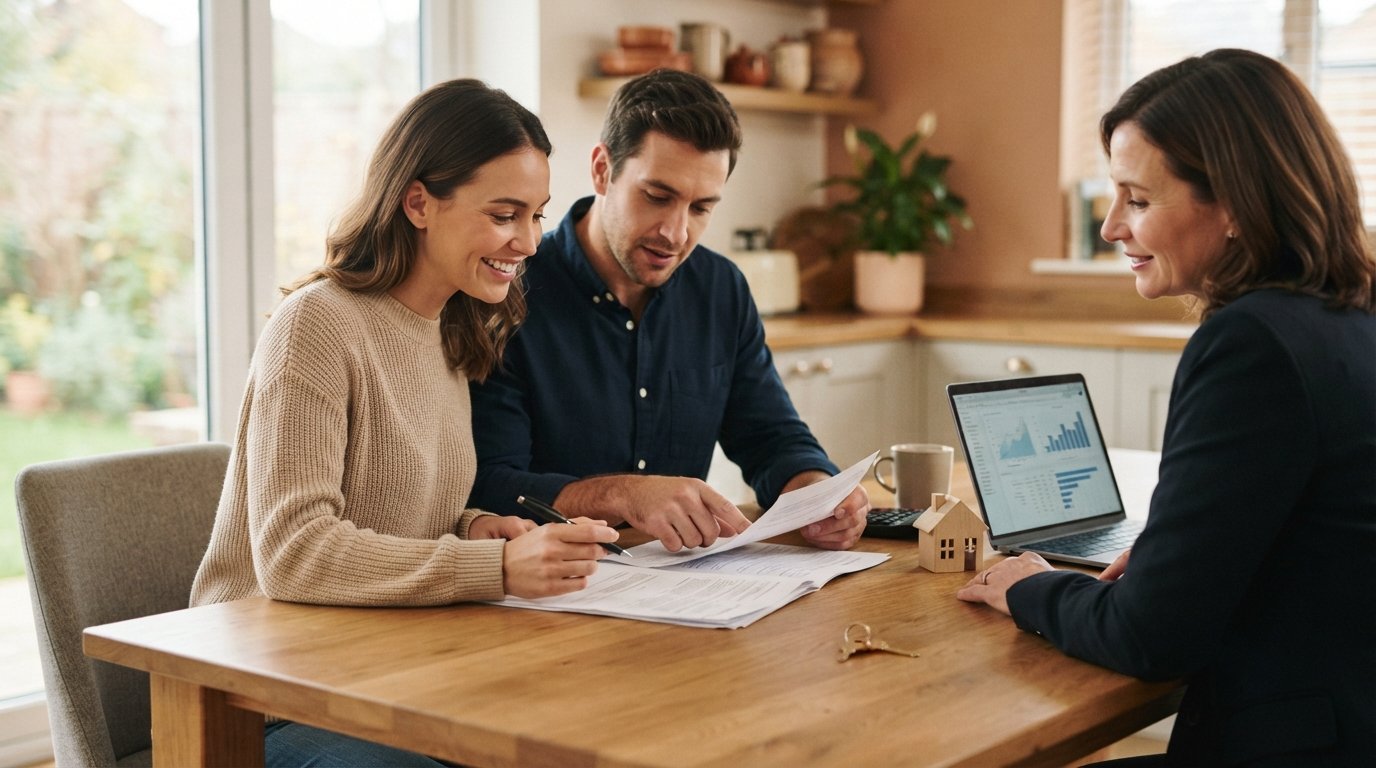 Couple reviewing a loan document with a lender at a kitchen table, with a calculator, house key, and model house nearby